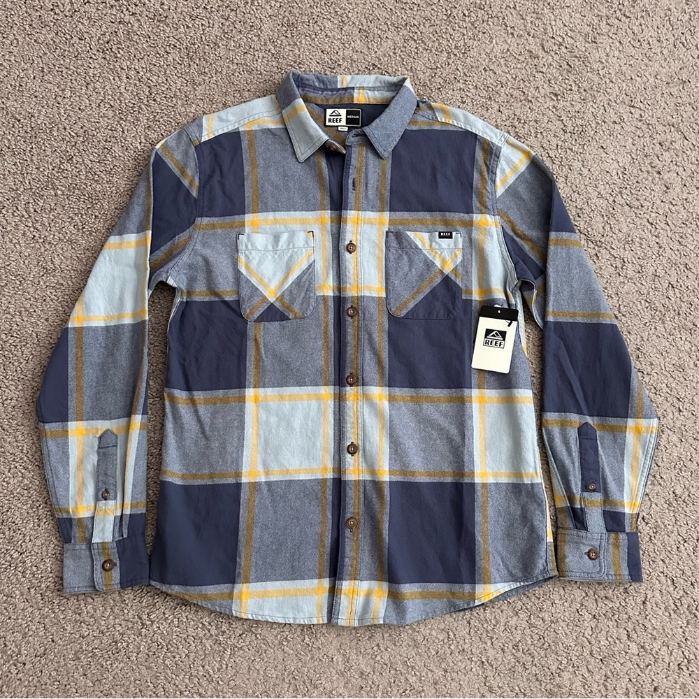 Reef Mens M Button Up Shirt Morris Woven Flannel Long Sleeve Blue Fog